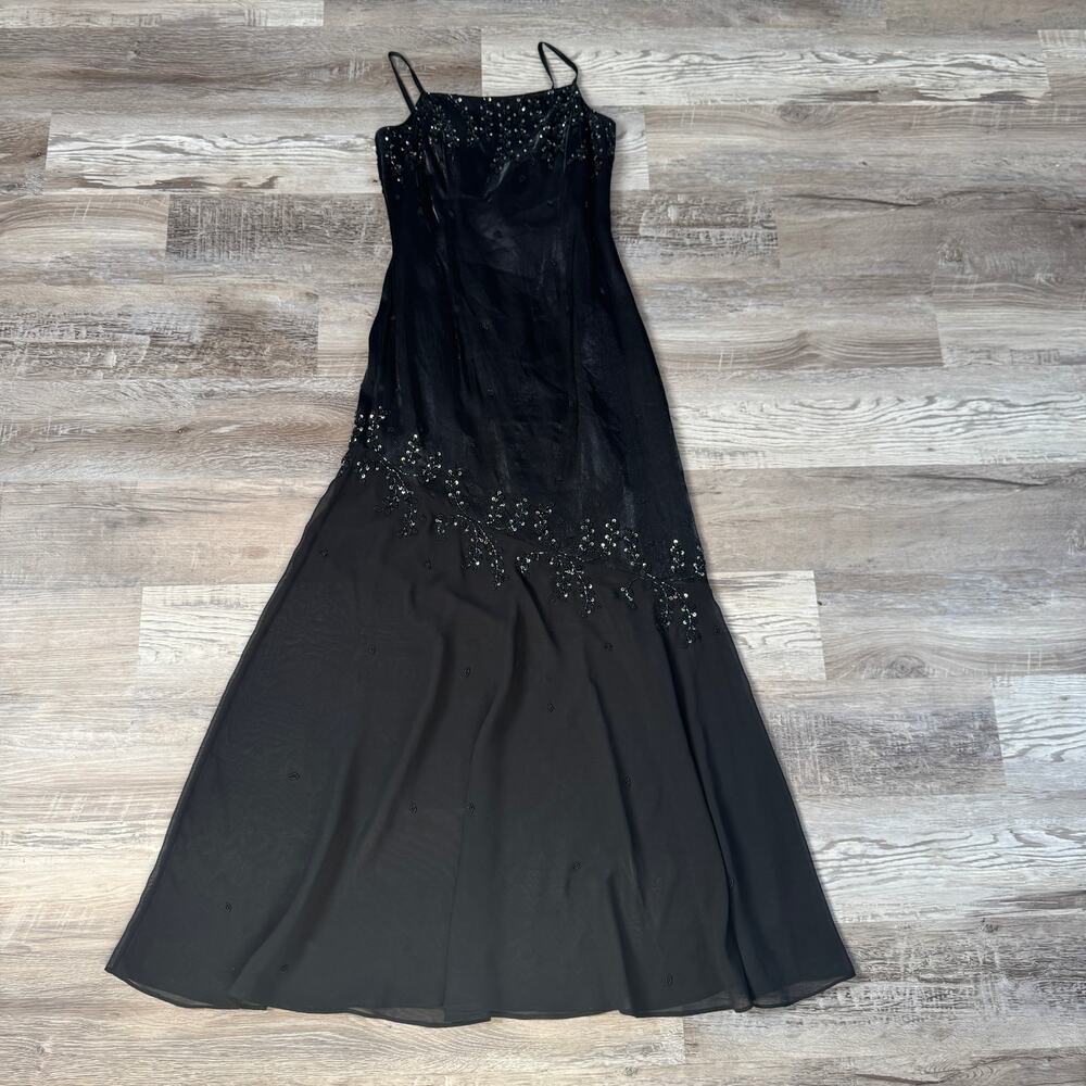 Vintage Y2K Cache Black Beaded Chiffon Maxi Dress Goth Homecoming Prom Formal 8